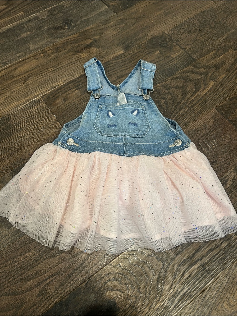OshKosh B'gosh Denim Unicorn Overall Dress with Pink Tulle Size 18 months
